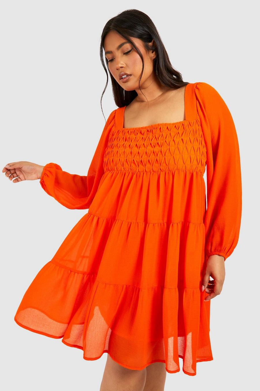 Orange Plus Woven Balloon Sleeve Tiered Mini Dress 