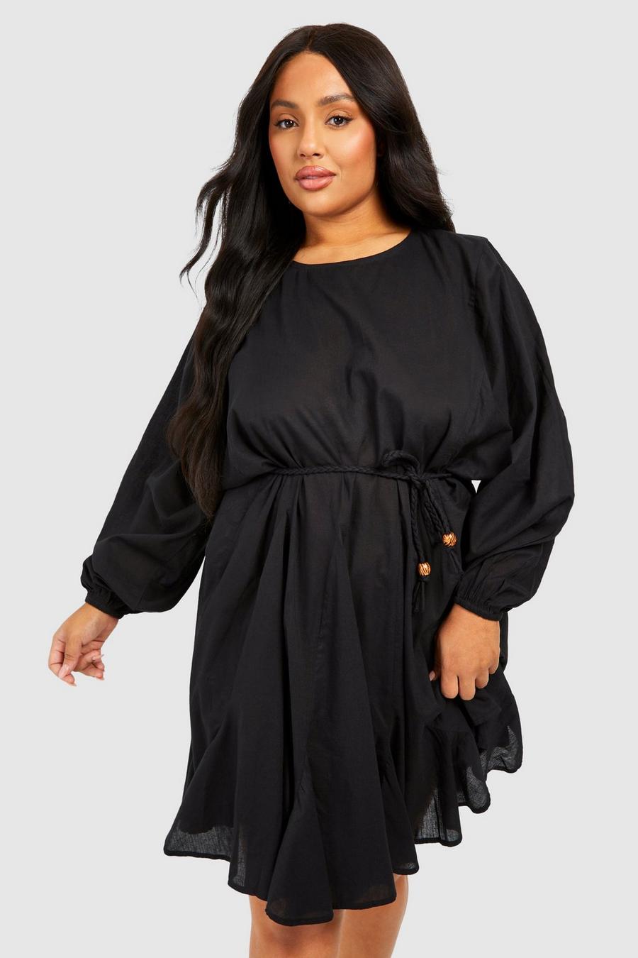 Black Plus Cotton Textured Belted Mini Dress 