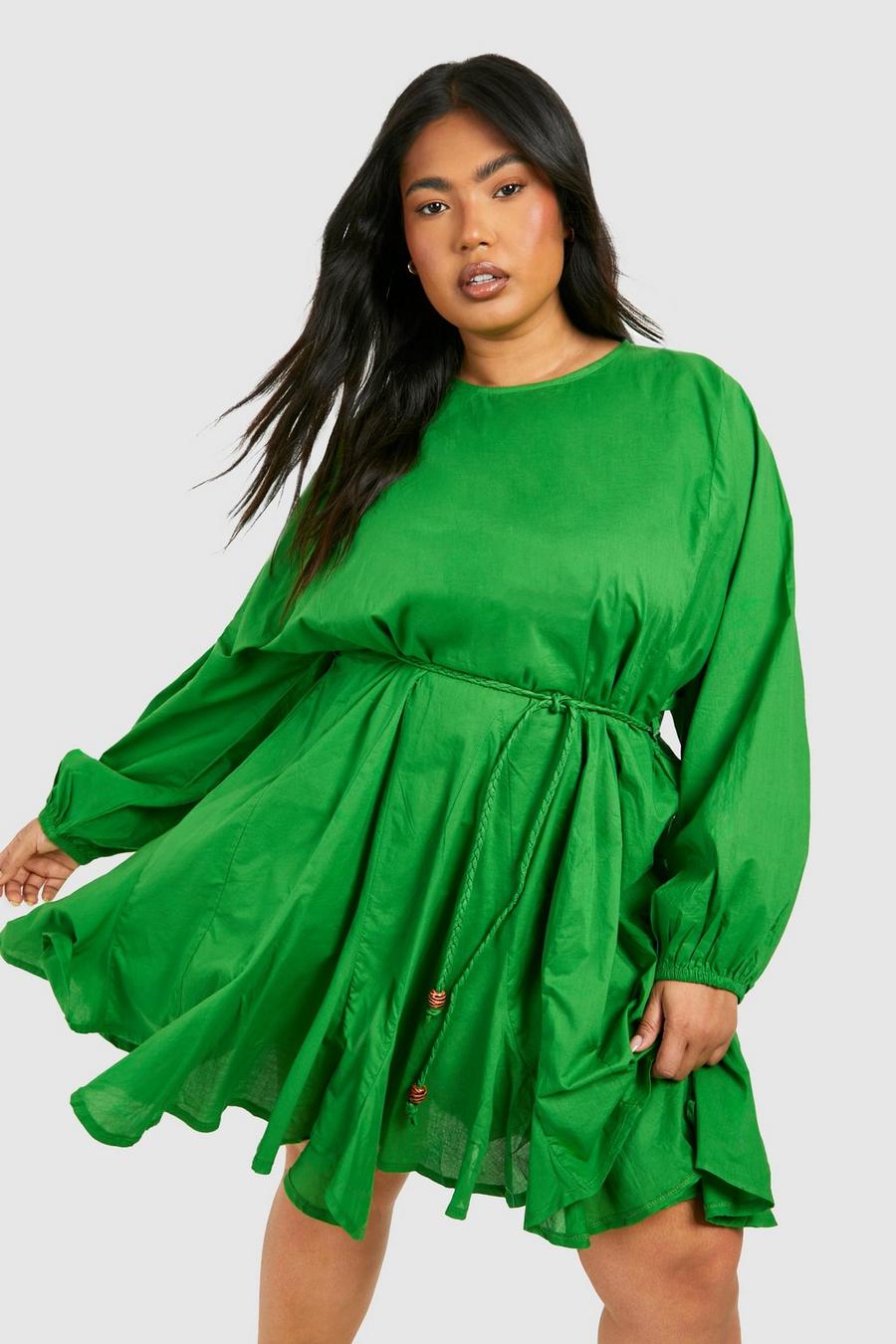 Vestido Plus mini de algodón texturizado con cinturón, Green