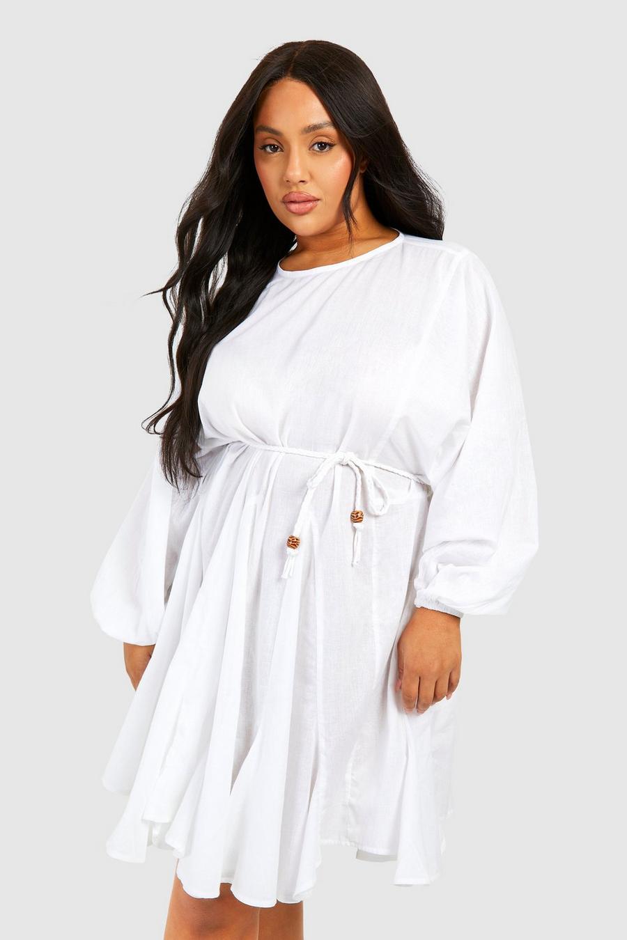 White Plus Cotton Textured Belted Mini Dress  image number 1