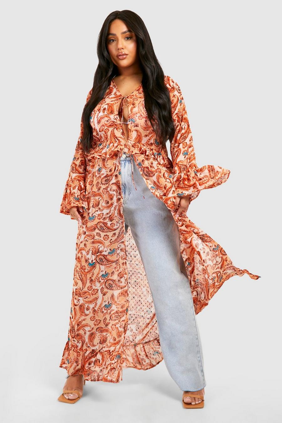 Grande taille - Kimono long à volants et imprimé cachemire, Cream