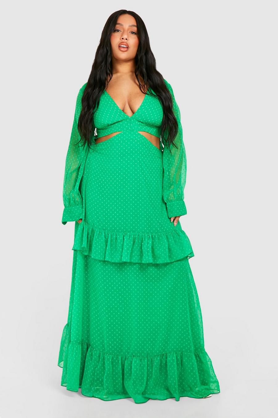 Green Plus Långklänning i prickig mesh med cut-out och volanger