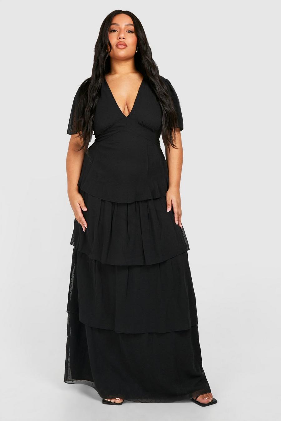 Black Plus Woven Angel Sleeve Tiered Maxi Dress