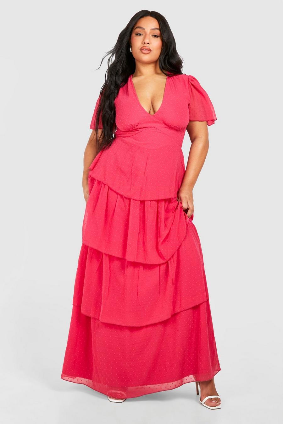 Hot pink Plus Woven Angel Sleeve Tiered Maxi Dress image number 1