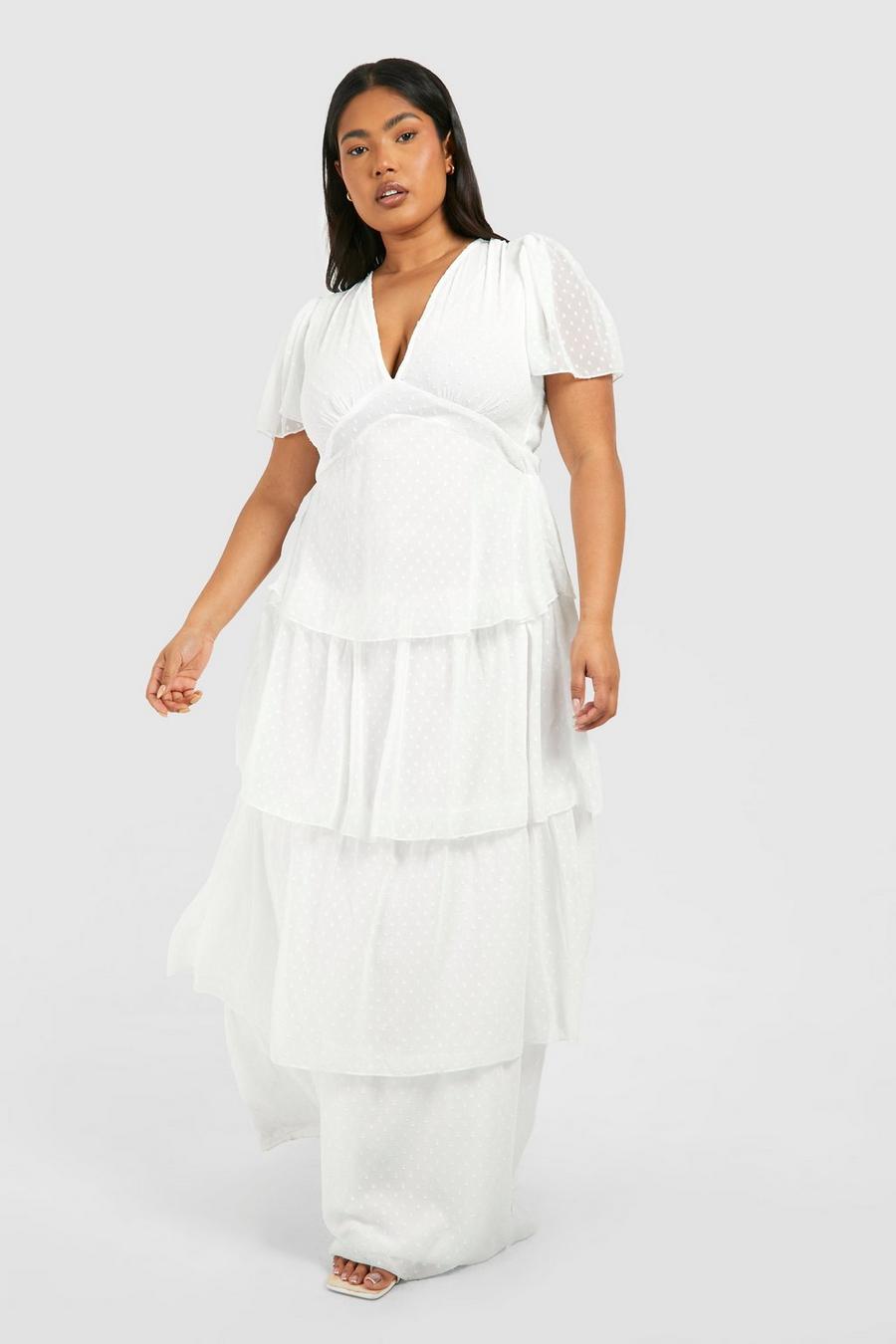 Ivory Plus Woven Angel Sleeve Tiered Maxi Dress
