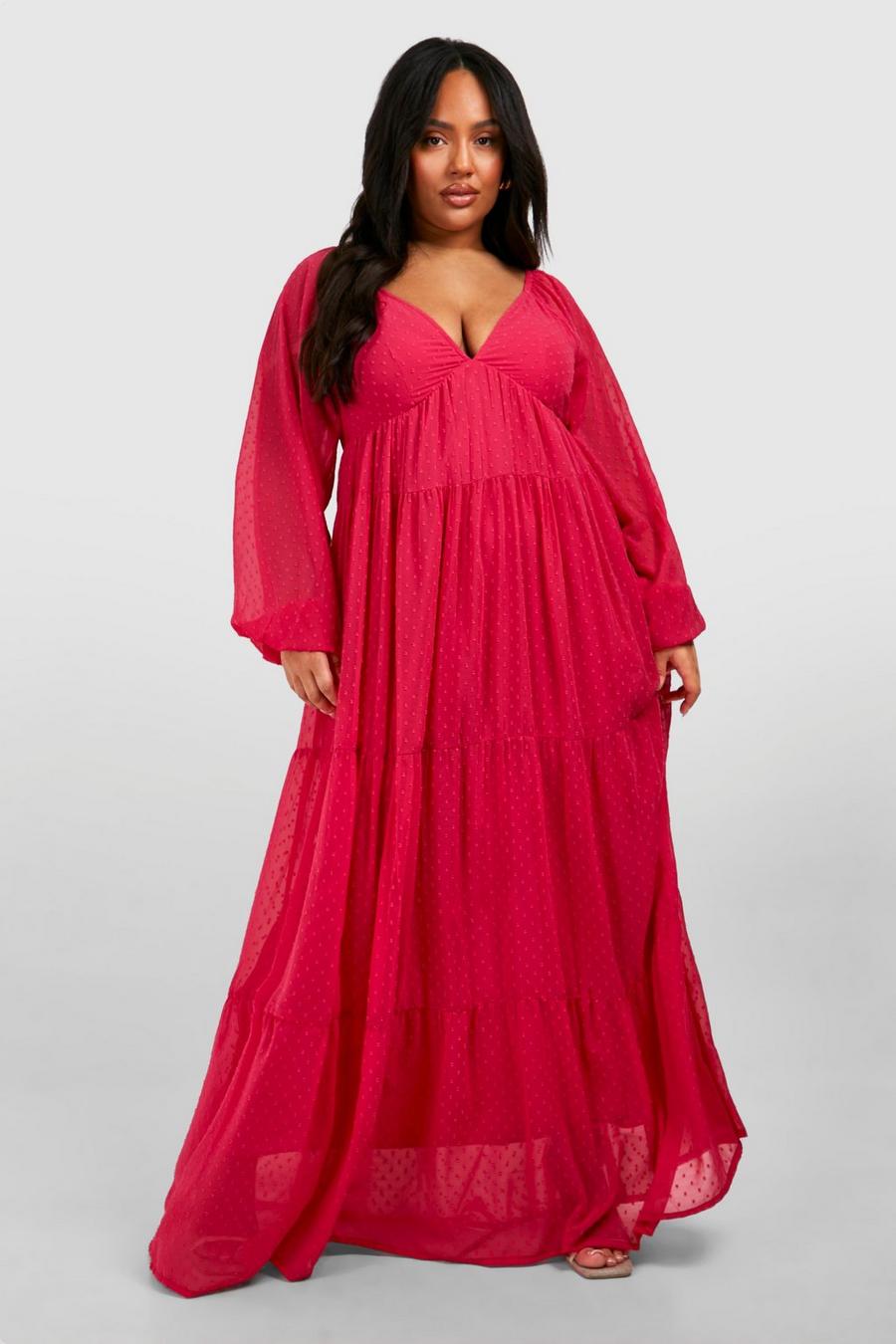 Hot pink Plus Dobby Mesh Long Sleeve V Neck Maxi Dress 