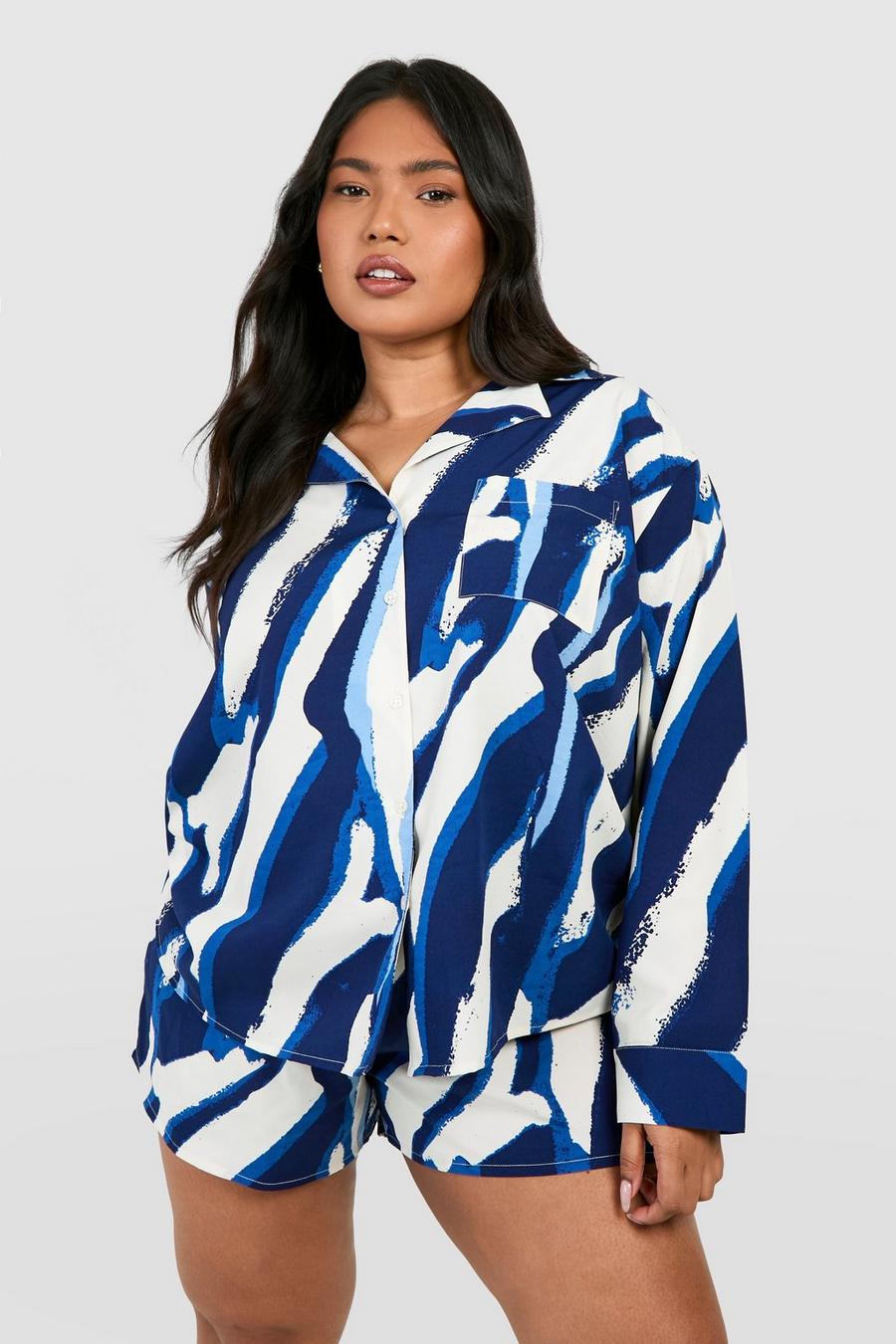 Plus Woven Zebra Print Long Sleeve Shirt & Short Co-ord, Blue