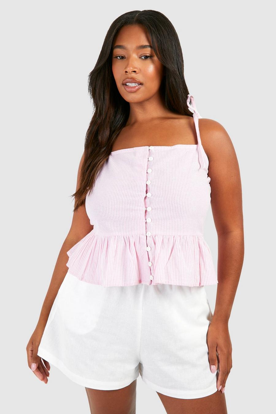 Plus Nadelstreifen-Bluse mit geschnürten Trägern und Rüschensaum, Pink