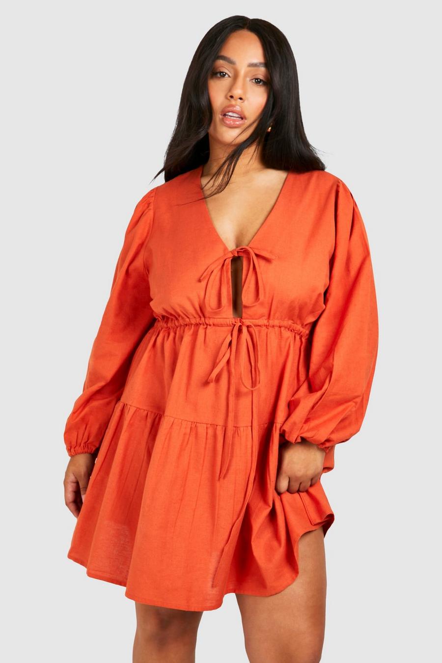 Orange Plus Långärmad klänning med knytdetalj image number 1