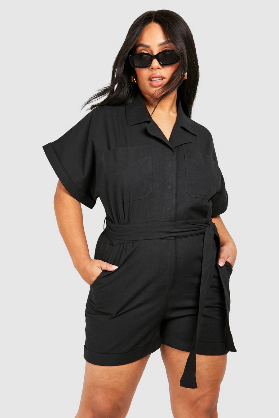 Plus Woven Utility Belted Playsuit , Black