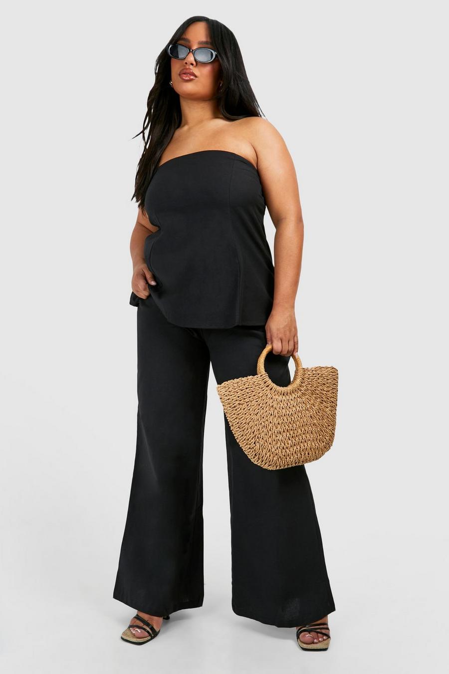 Black Plus Linen Feel Wide Leg Pants & Tube Top Two-Piece