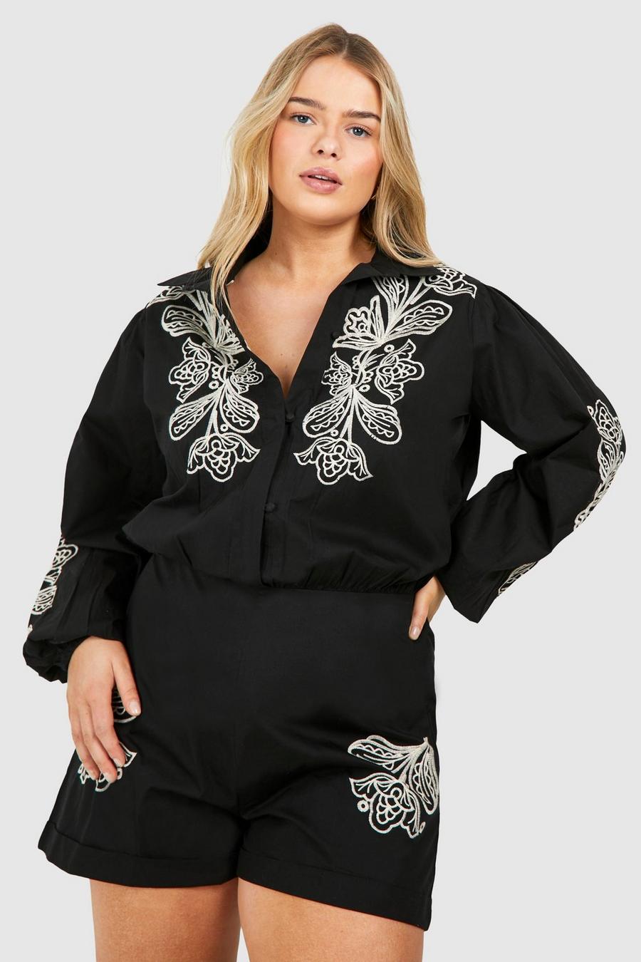 Black Plus Woven Embroidery Detail Long Sleeve Playsuit 