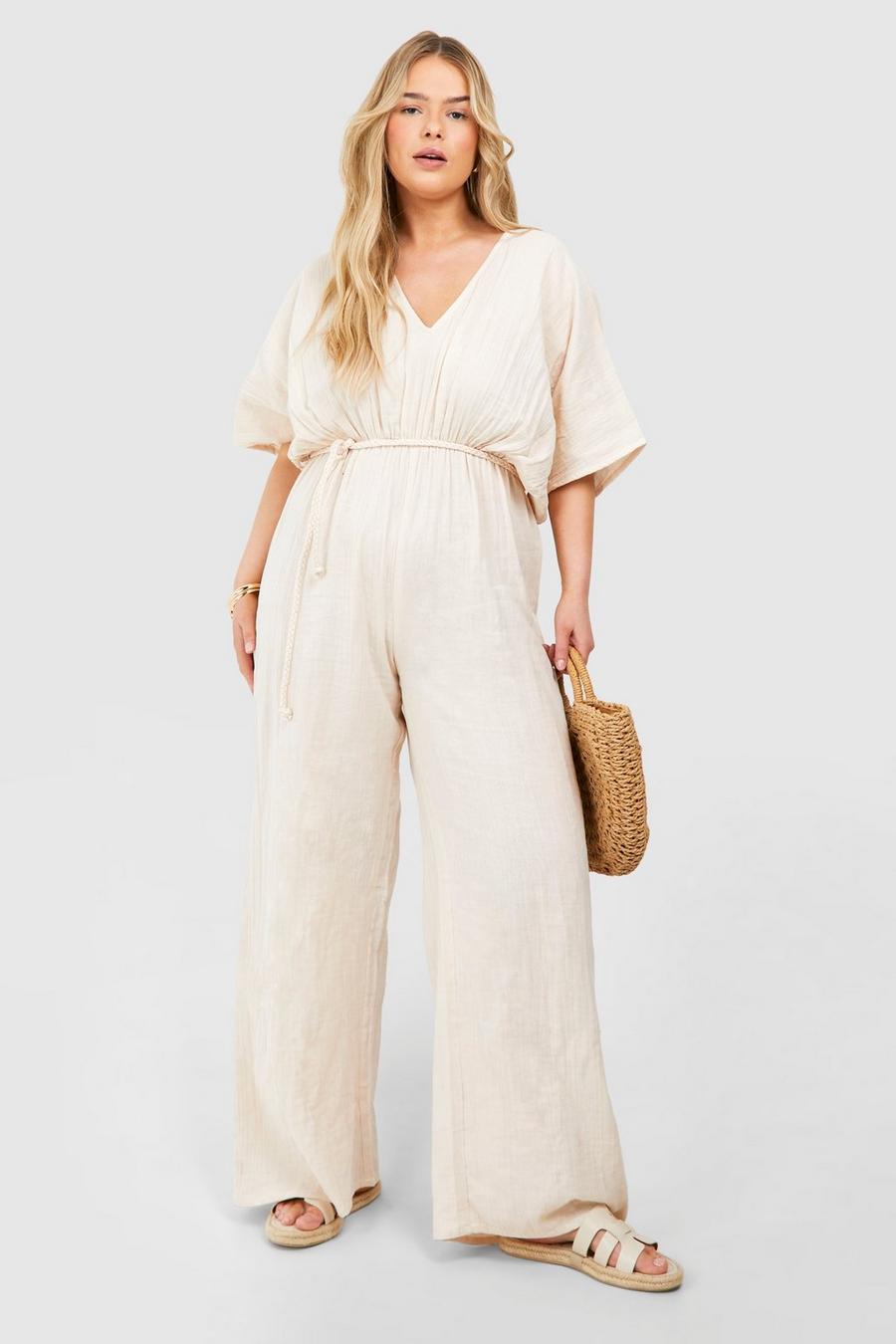 Plus Textured Plunge Belted Jumpsuit, Stone