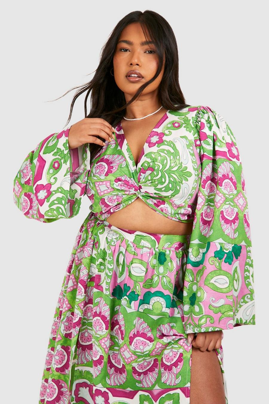 Green Plus Woven Paisley Print Flared Sleeve Twist Front Top