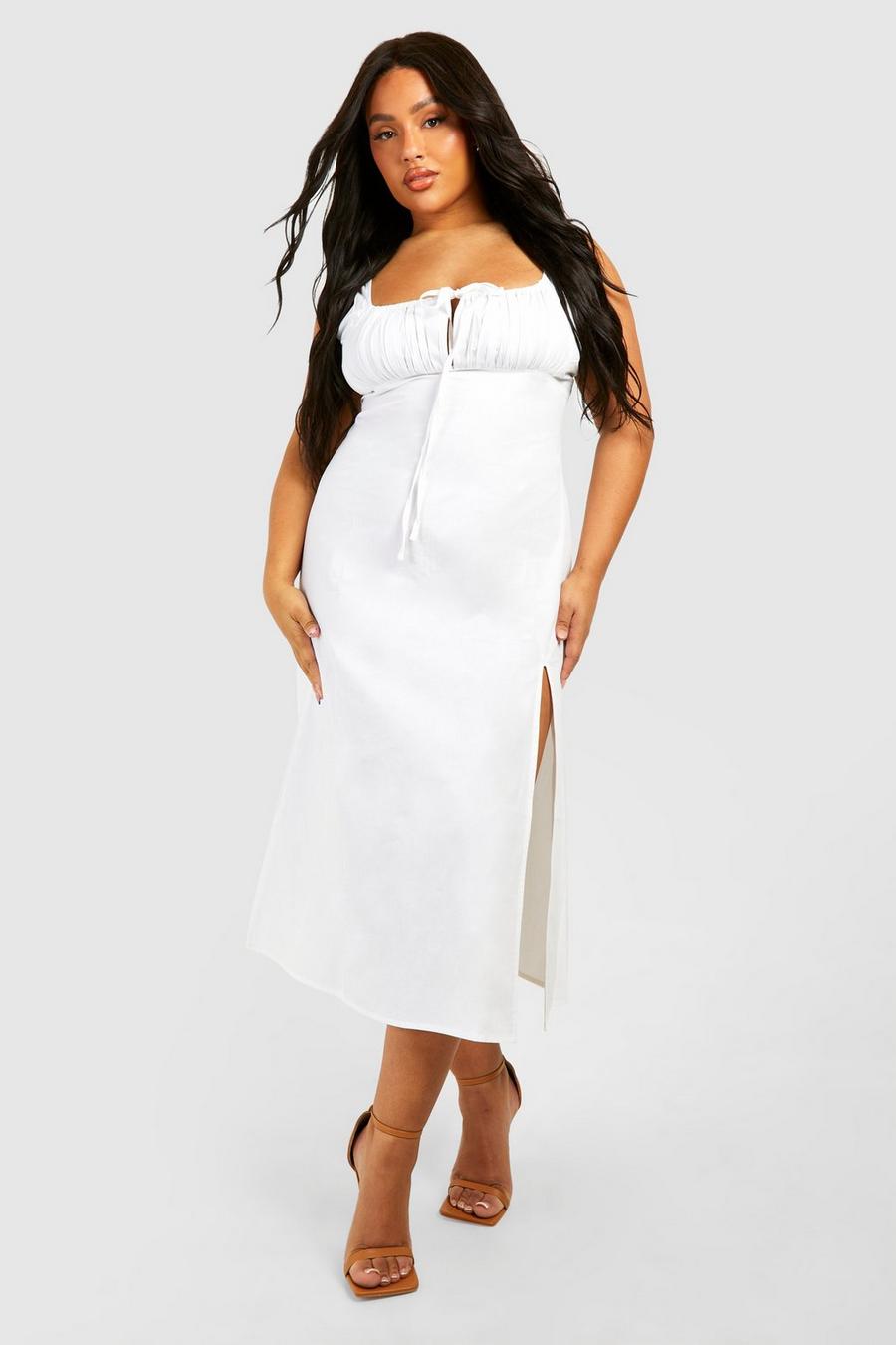 White Plus Woven Ruched Bust Detail Midi Dress 