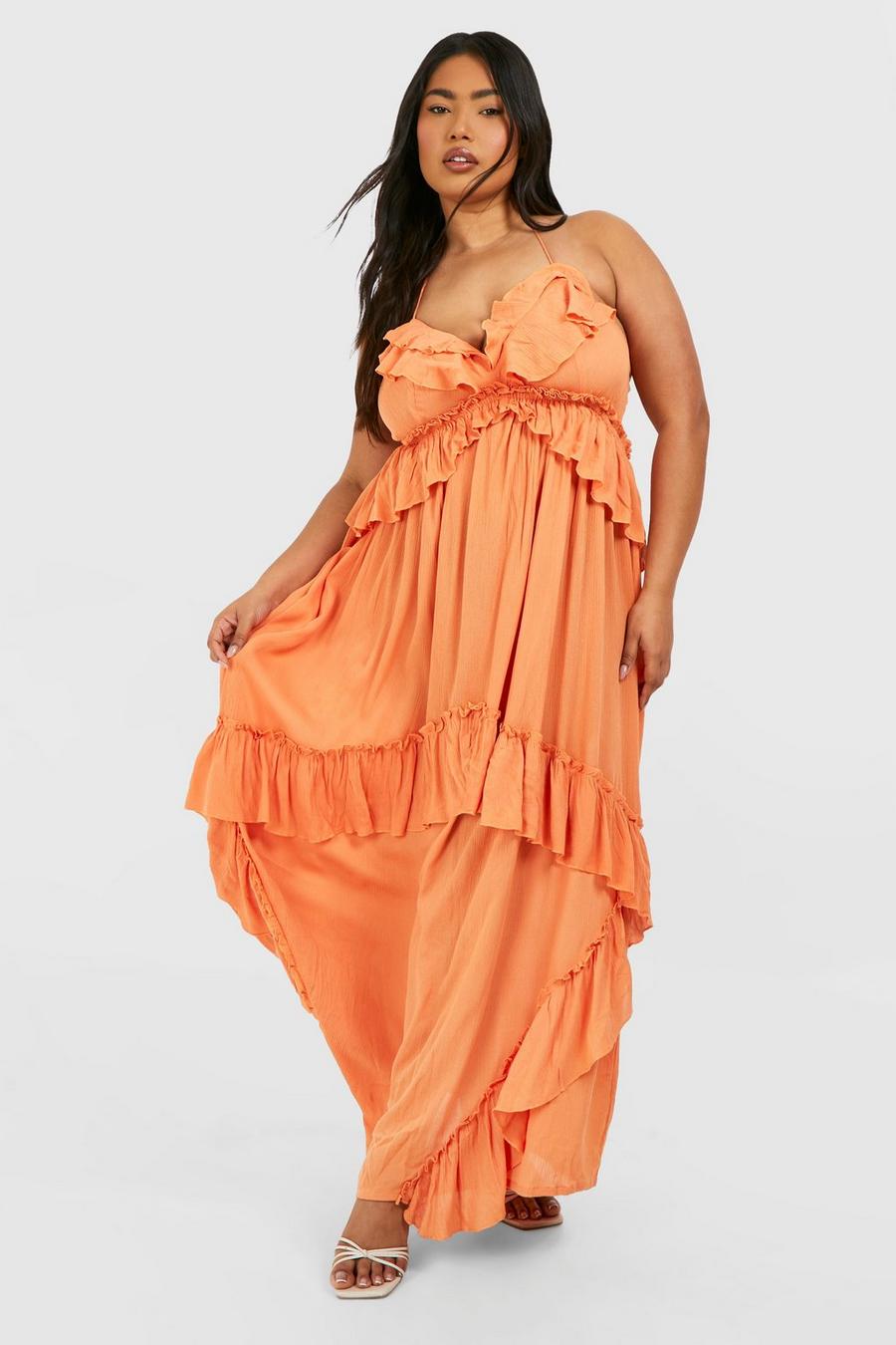 Terracotta Plus Cheesecloth Ruffle Frill Detail Strappy Maxi Dress