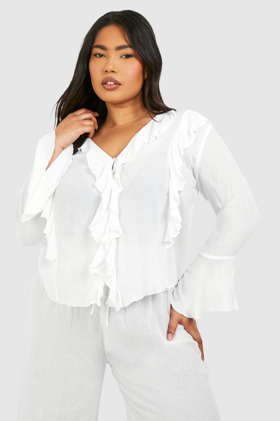 Blusa Plus Size effetto crespo con dettagli arricciati e maniche svasate, Ivory
