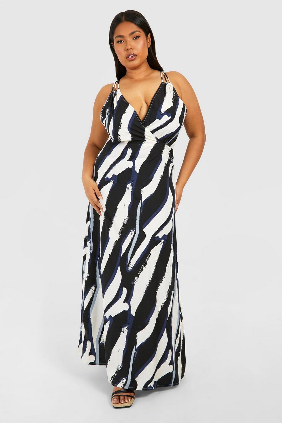 Mono Plus Woven Zebra Print Strappy V Neck Maxi Dress