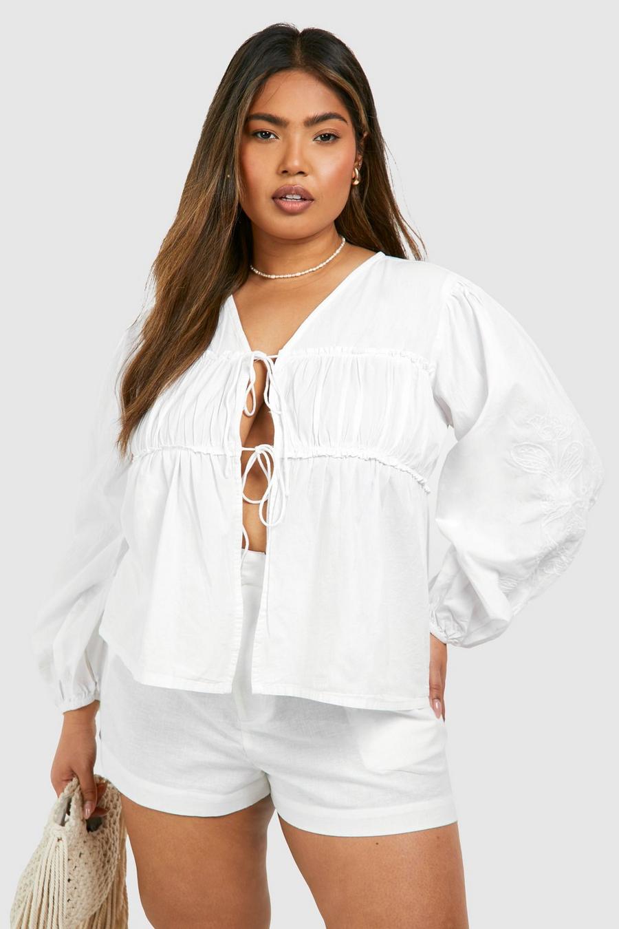 Blusa Plus Size con ricami, maniche lunghe e laccetti, White image number 1