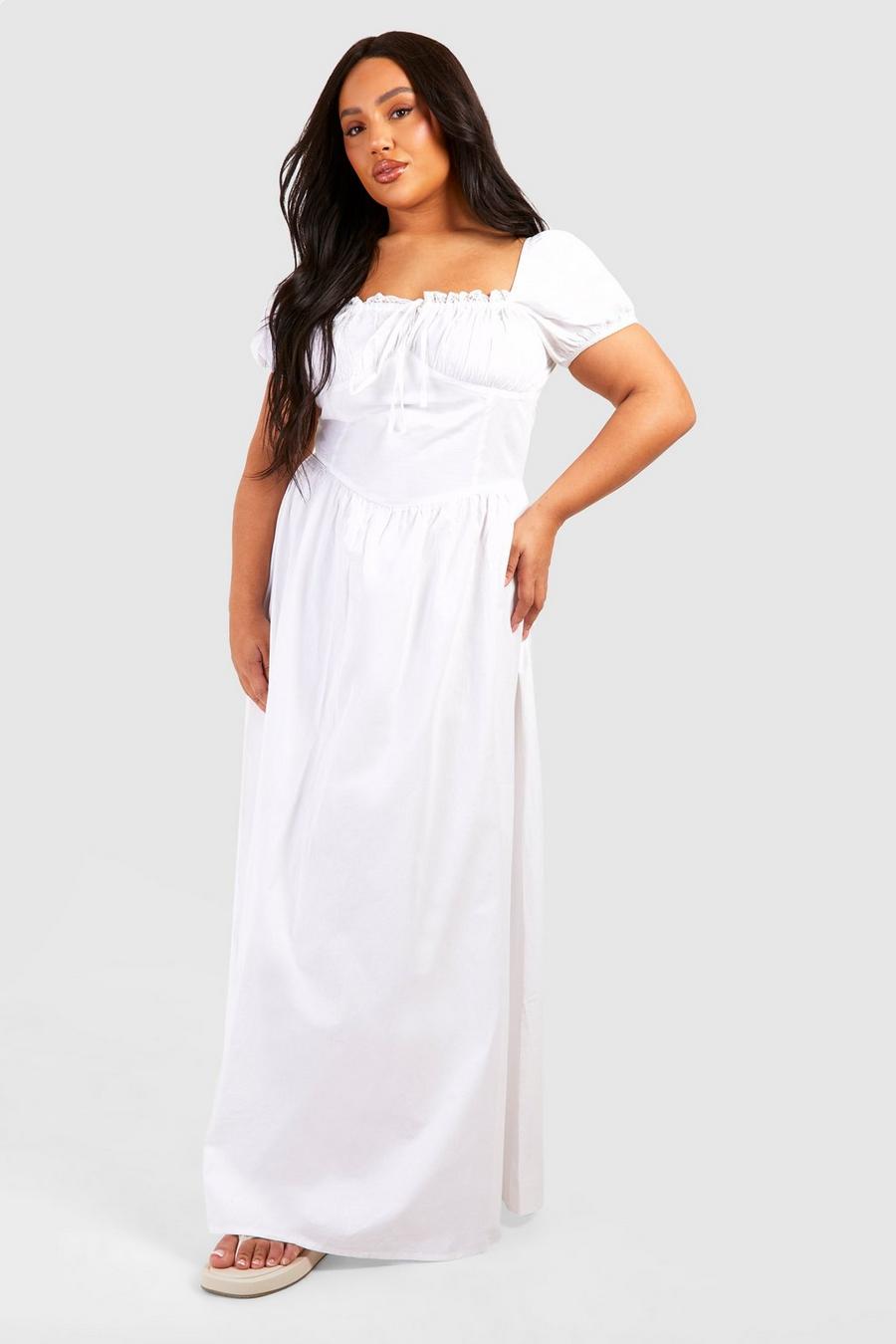 Vestido Plus maxi de popelina con mangas abullonadas estilo mesonera, White image number 1