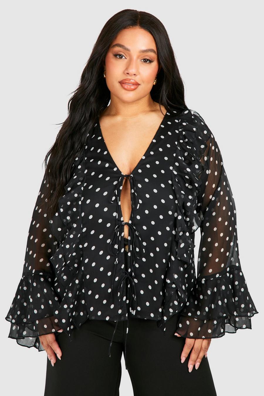 Black Plus Woven Polka Dot Ruffle Detail Tie Front Blouse