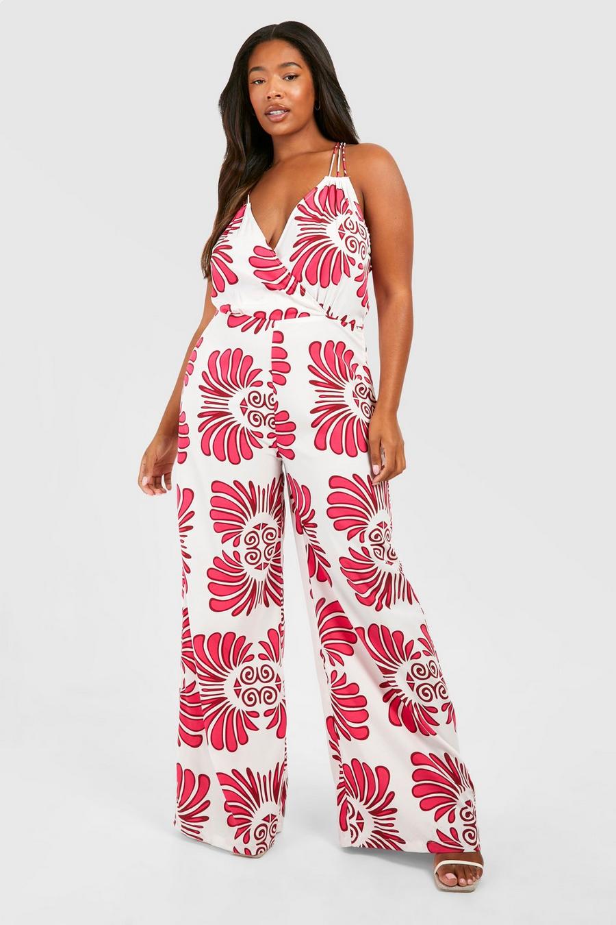 Pink Plus Woven Abstract Print Strappy Wide Leg Jumpsuit  image number 1