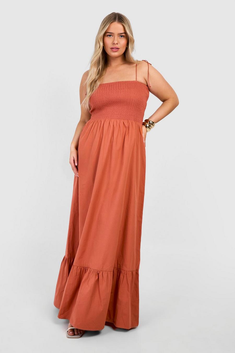 Terracotta Plus Woven Shirred Bust Bandeau Maxi Dress  image number 1