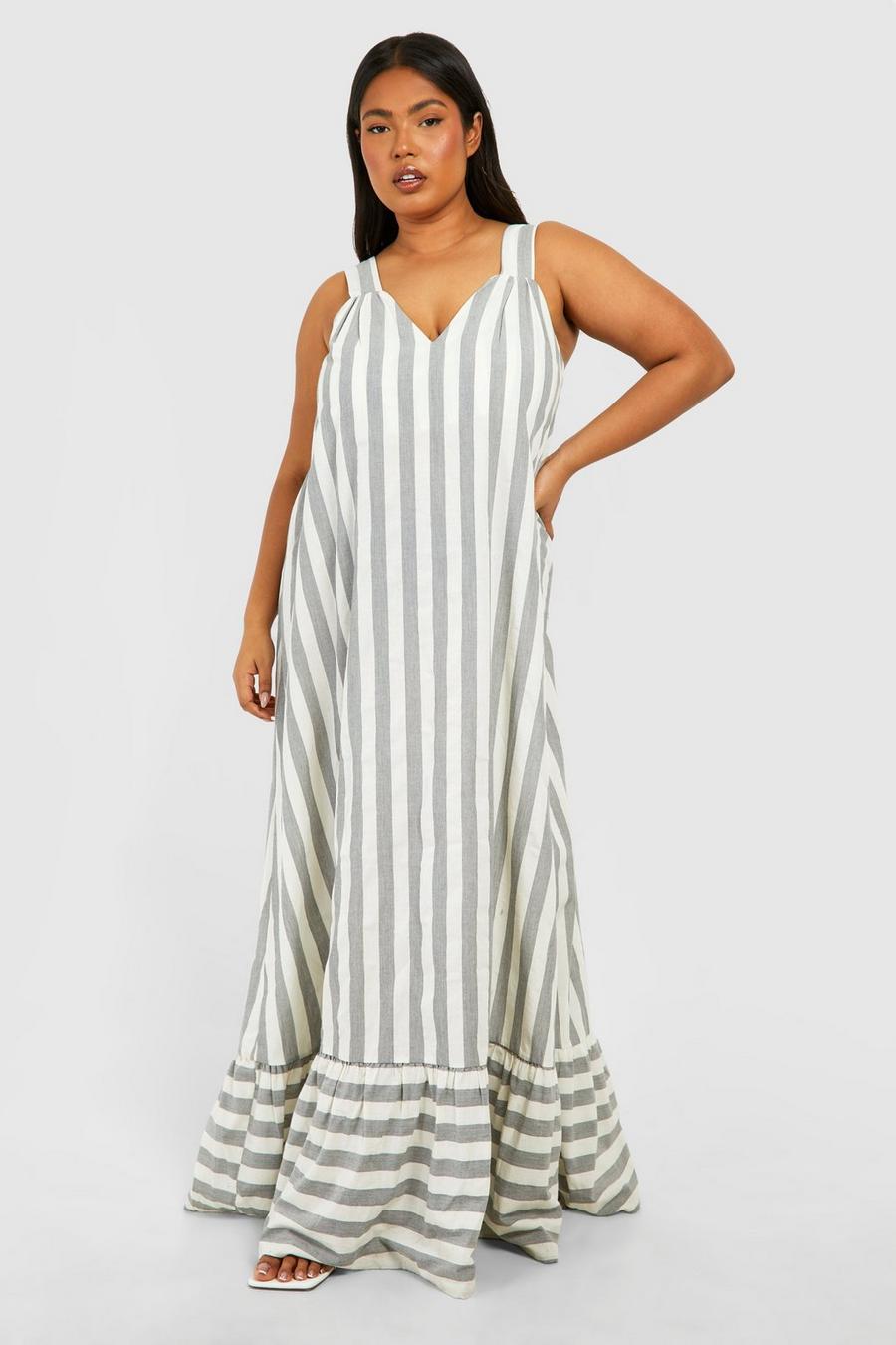 Grey Plus Wide Stripe Trapeze Maxi Dress image number 1