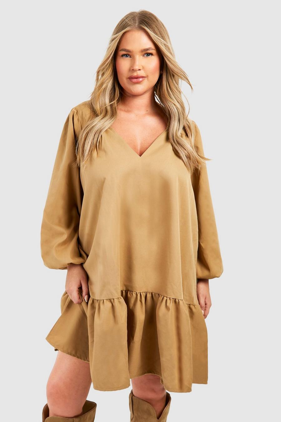 Camel Plus Poplin Blouson Sleeve Trapeze Mini Smock Dress