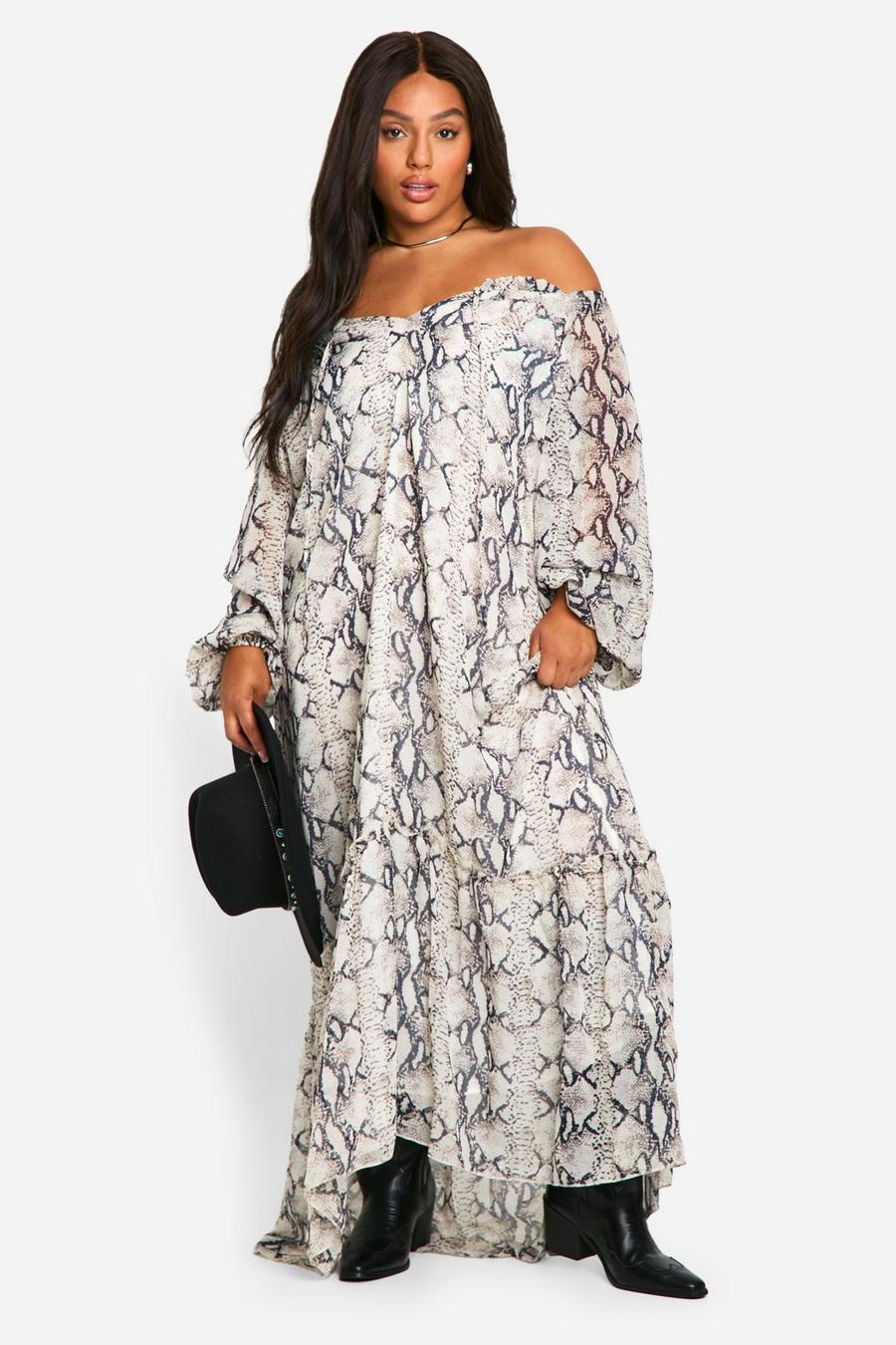 Black Plus Chiffon Snake Tie Neck Midi Smock Dress