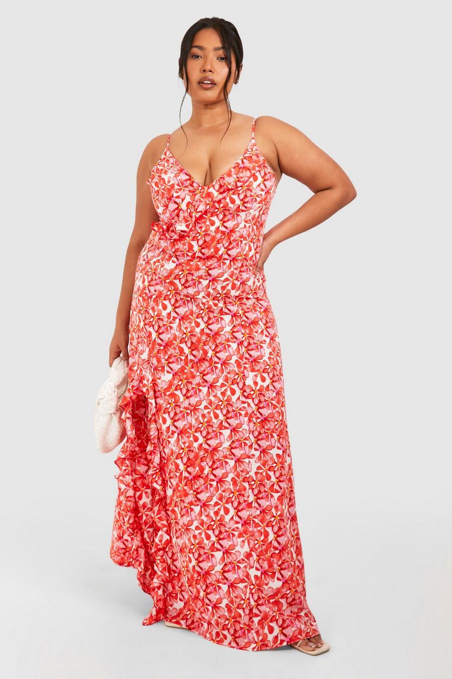 Red Plus Floral Print Strappy Split Maxi Dress image number 1