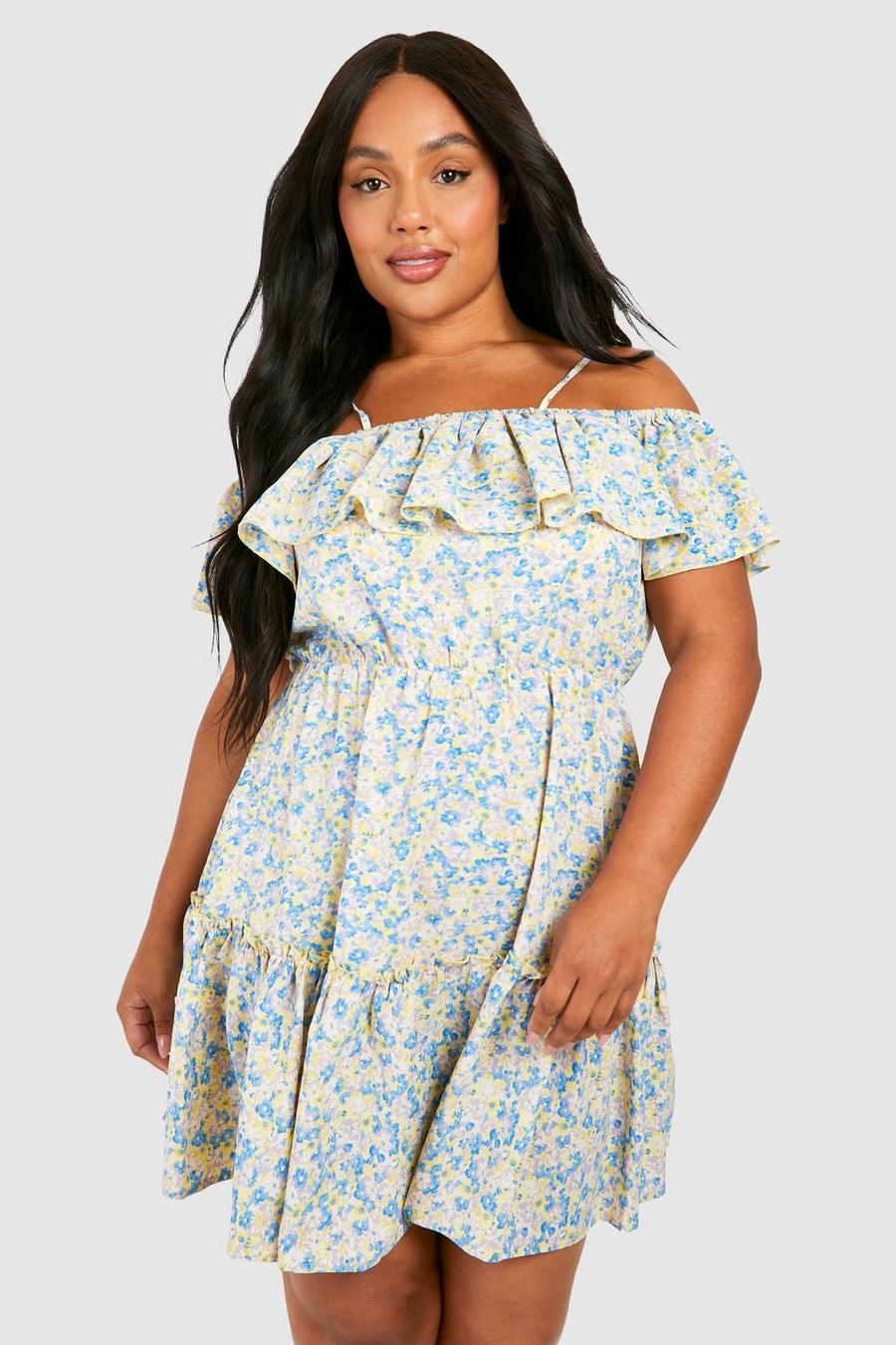 Plus Woven Ditsy Floral Cold Shoulder Skater Dress, Yellow