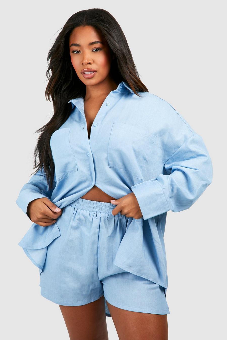 Set camicia Plus Size in chambray & pantaloncini coordinati, Light blue image number 1