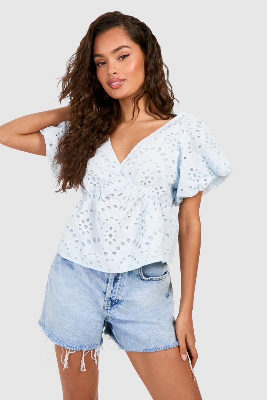 Blue Embroidery Frill Shoulder Top