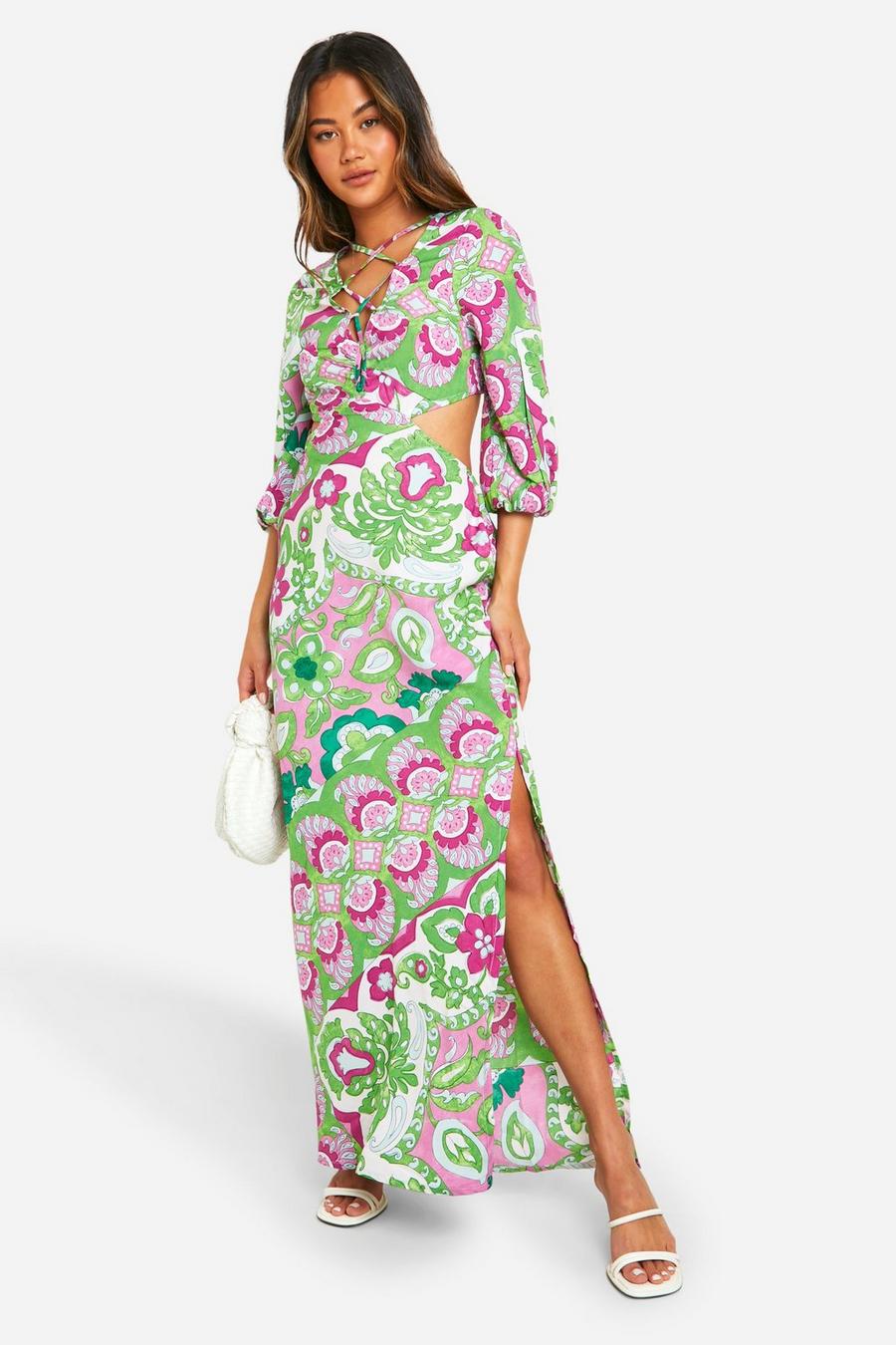 Multi Polycrepe  Strappy Back Maxi Print Dress image number 1