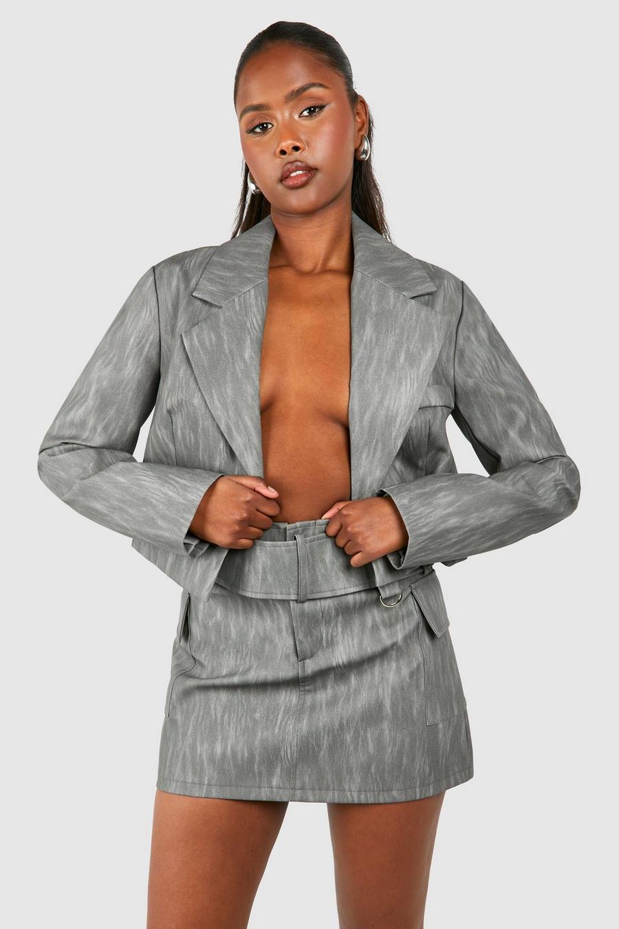 Charcoal Washed Leather Look Cropped Blazer image number 1