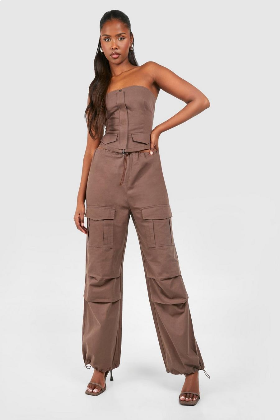 Chocolate Low Rise Wide Leg Parachute Cargo Trousers
