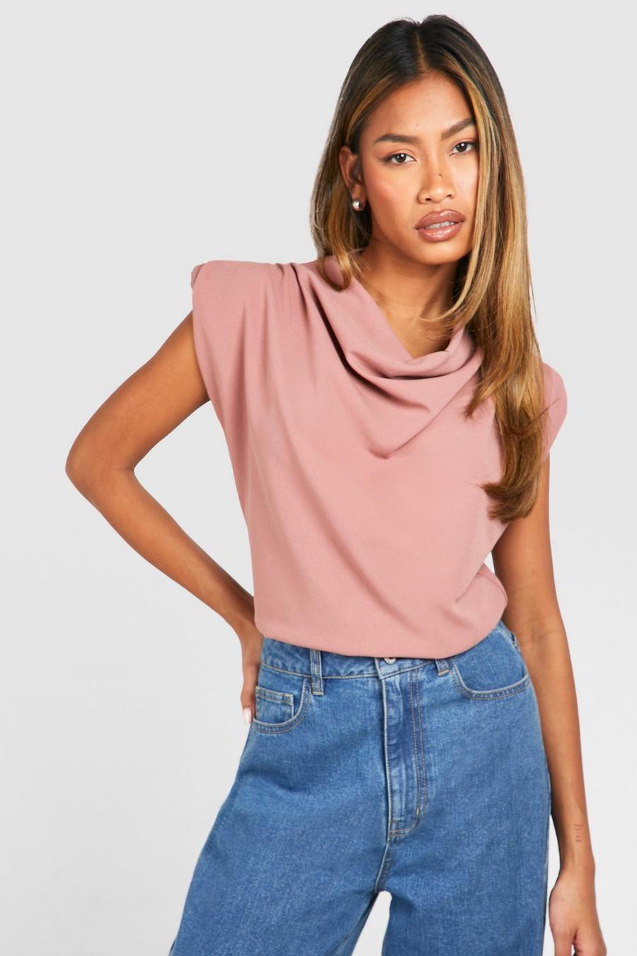 Dusty rose Cowl Neck Crepe Shoulder Pad Blouse image number 1