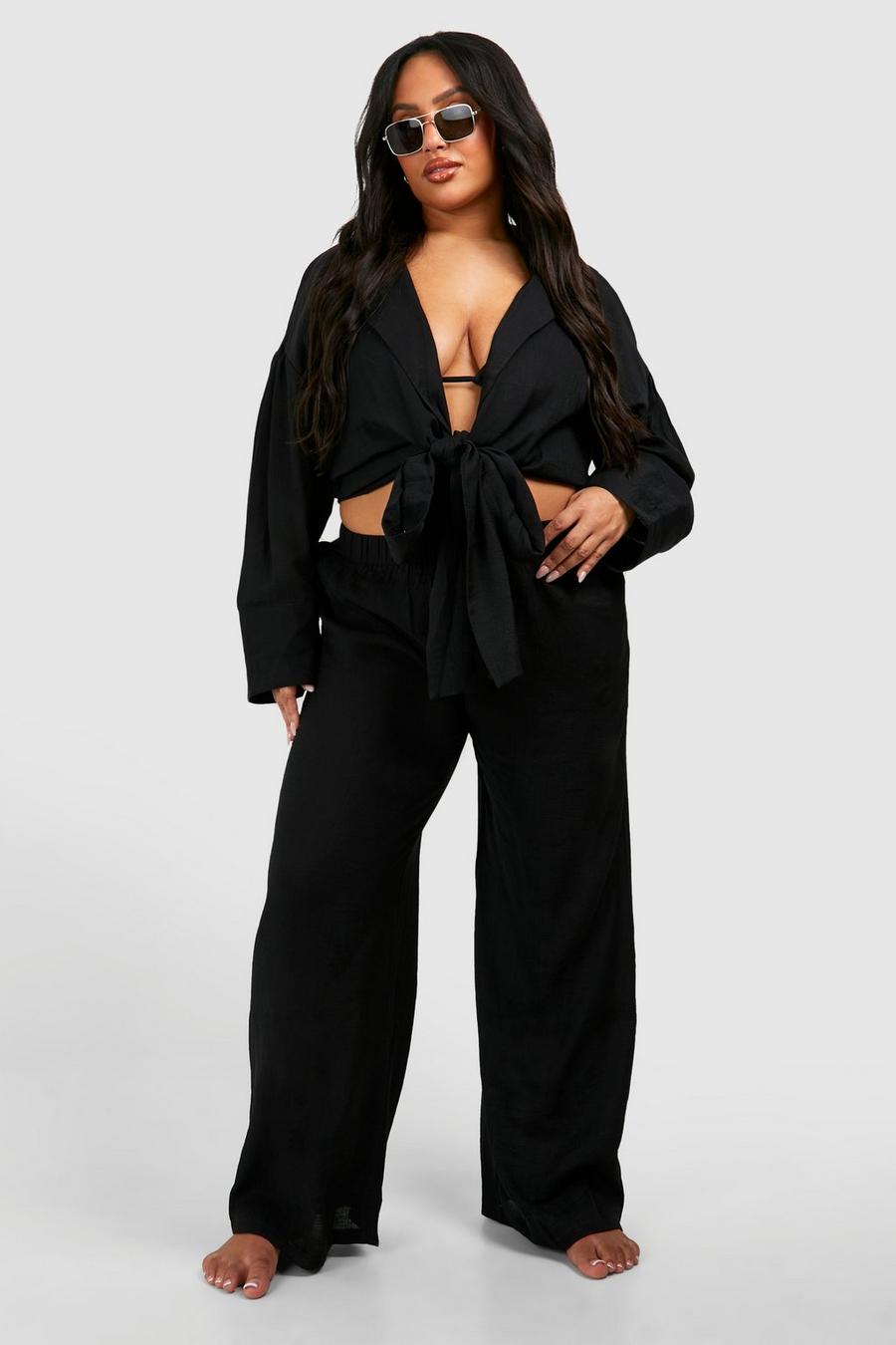 Black Plus Textured Wide Leg Beach Trousers