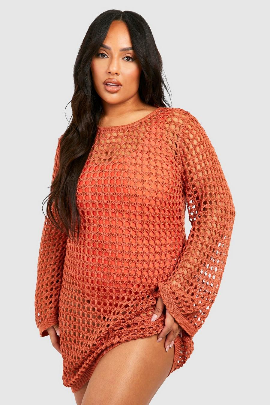 Terracotta Plus Crochet Open Back Beach Mini Dress