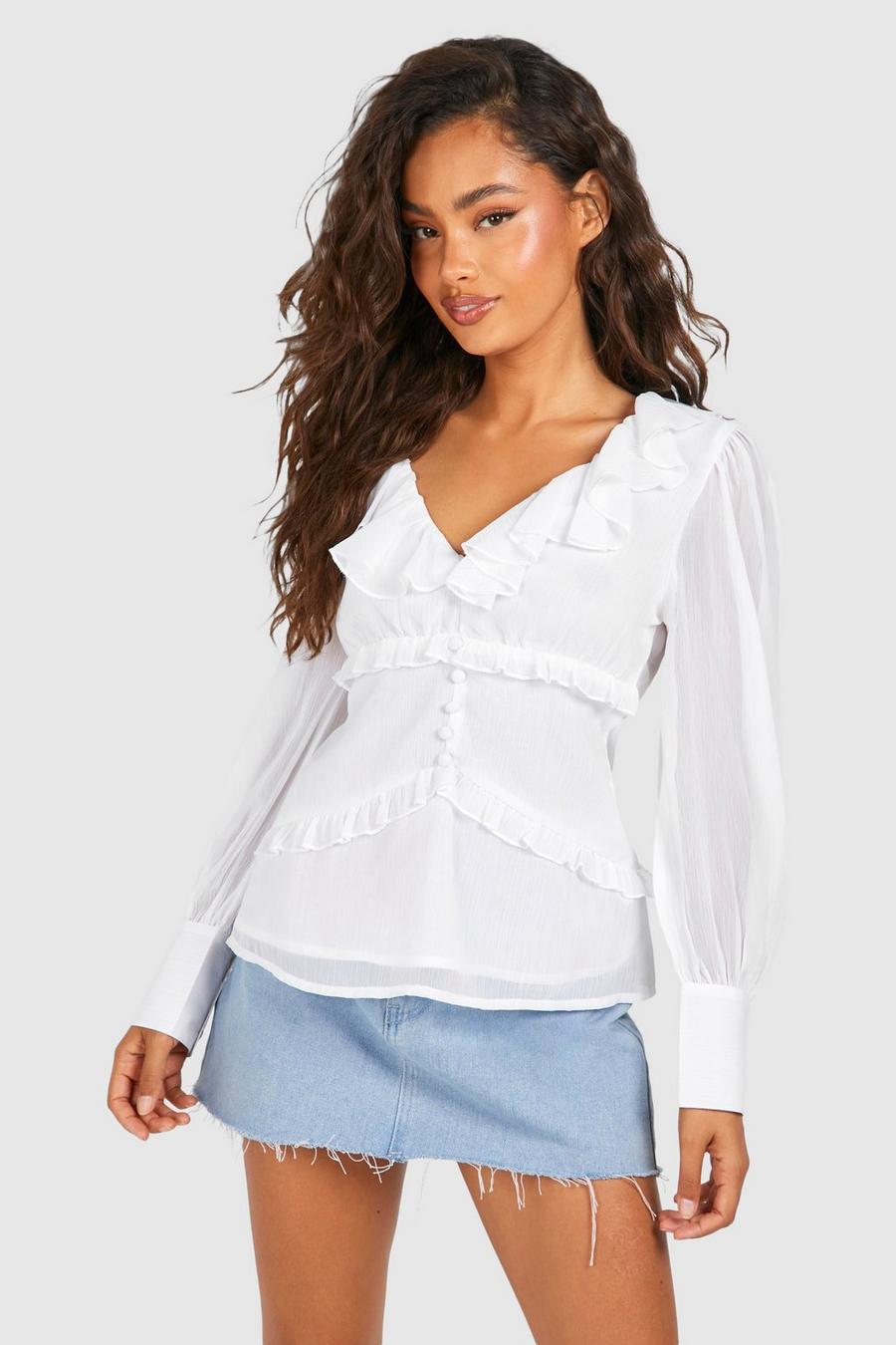 Ivory Chiffon Blouse Met Ruches