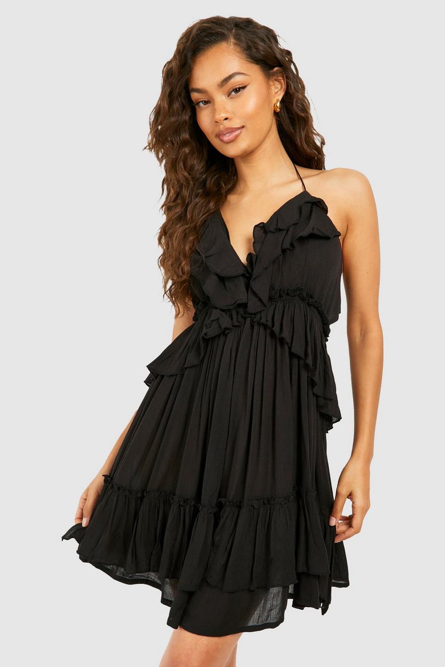 Cheesecloth Ruffle Smock Mini Dress, Black