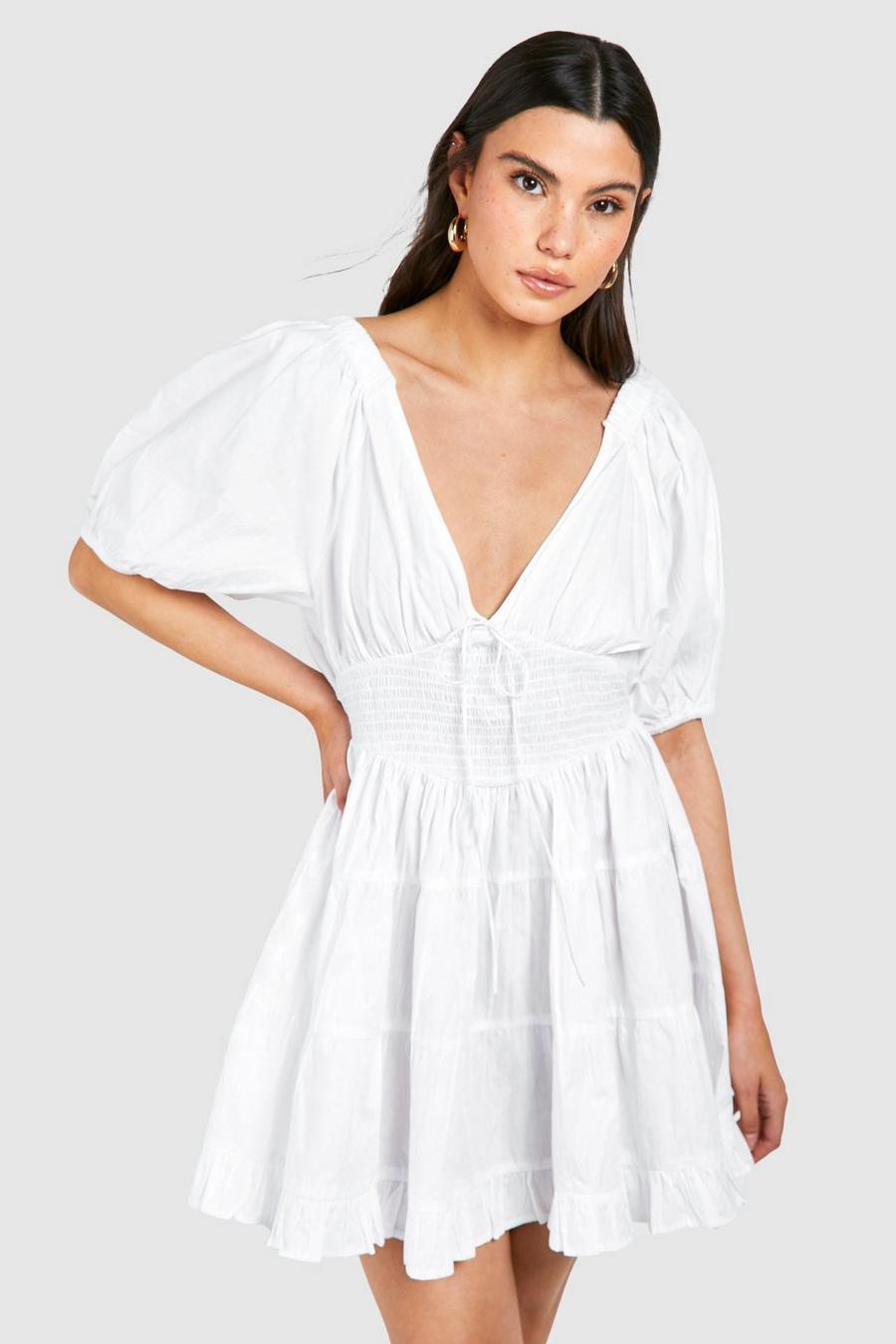 White Poplin Puff Sleeve Mini Dress
