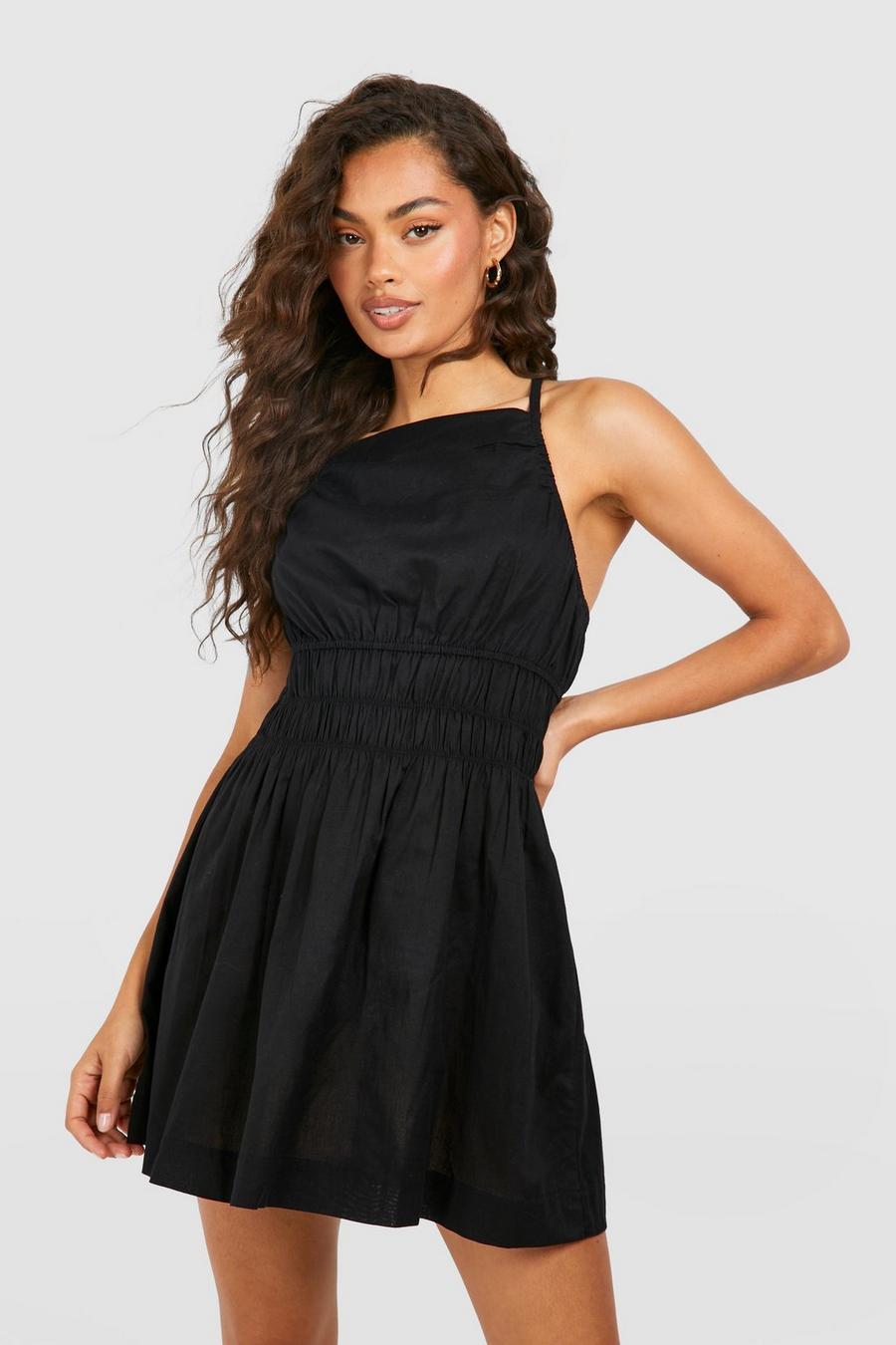Black Strappy Linen Shirred Waist Mini Dress image number 1