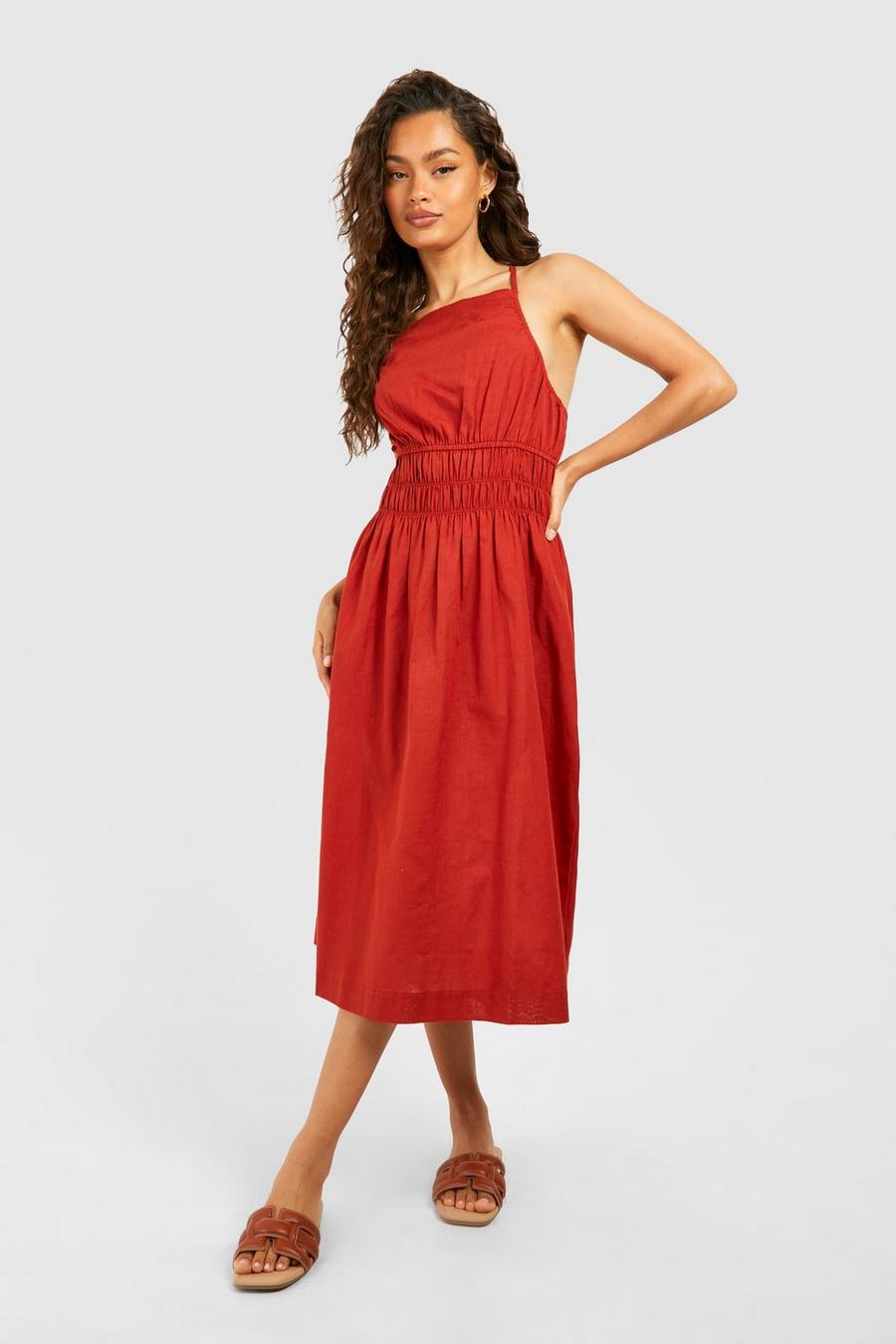 Red Strappy Linen Shirred Waist Midi Dress
