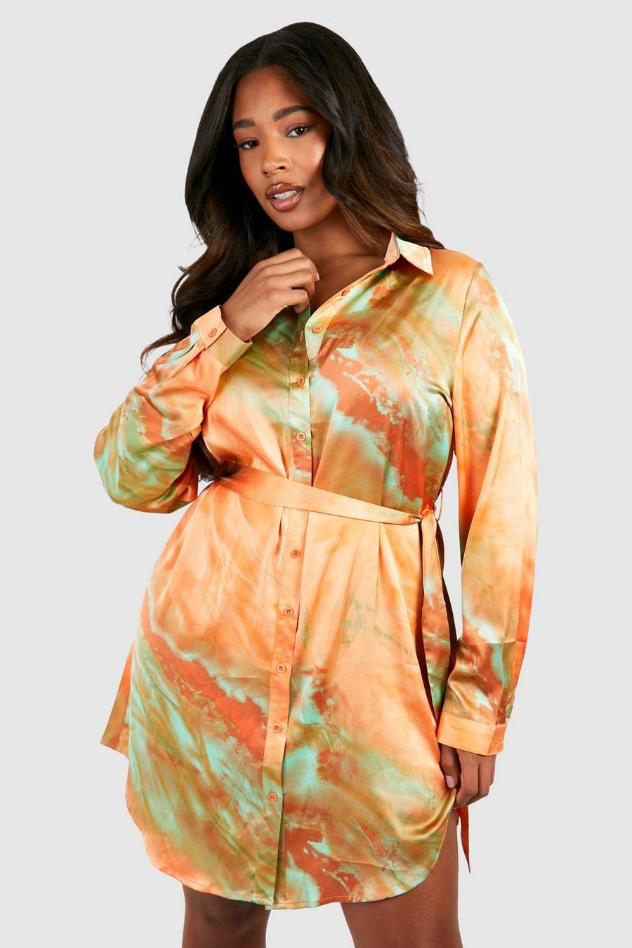 Plus Hemd-Kleid mit Farbverlauf und Print, Orange