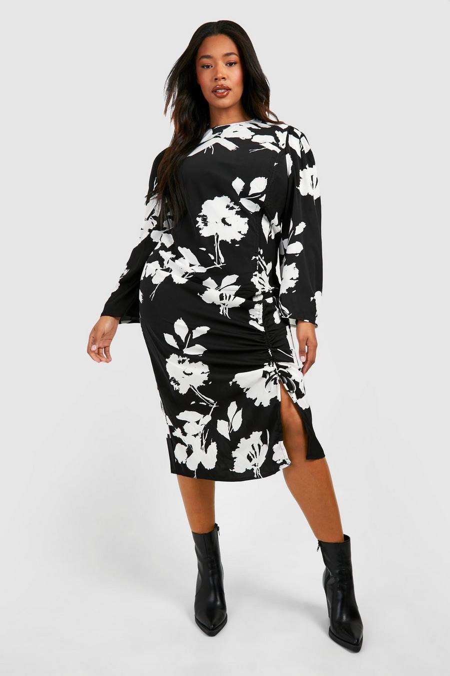 Black Plus Woven Floral Ruched Midi Dress