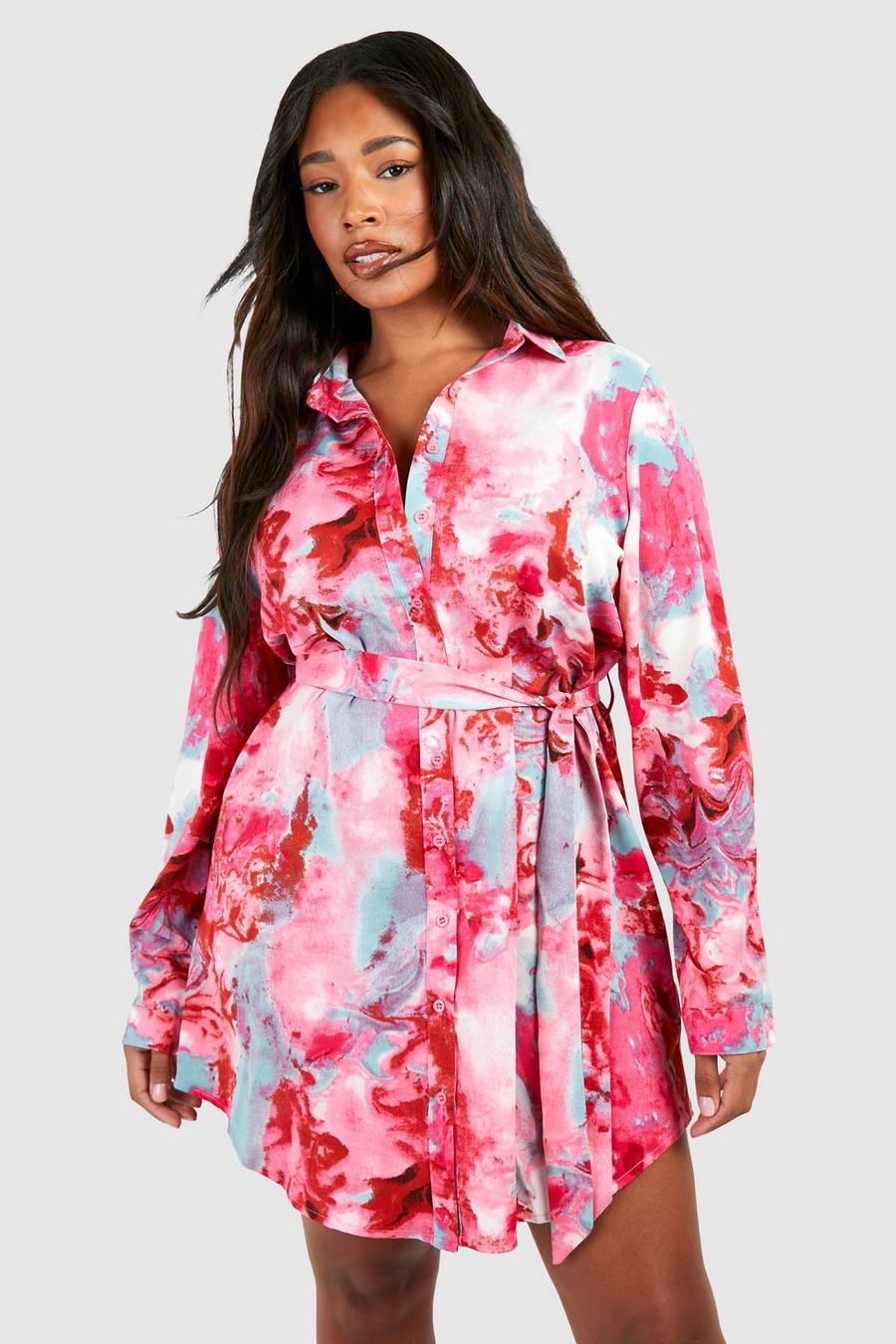 Vestito camicia Plus Size con stampa marmorizzata e laccetti in vita, Pink image number 1