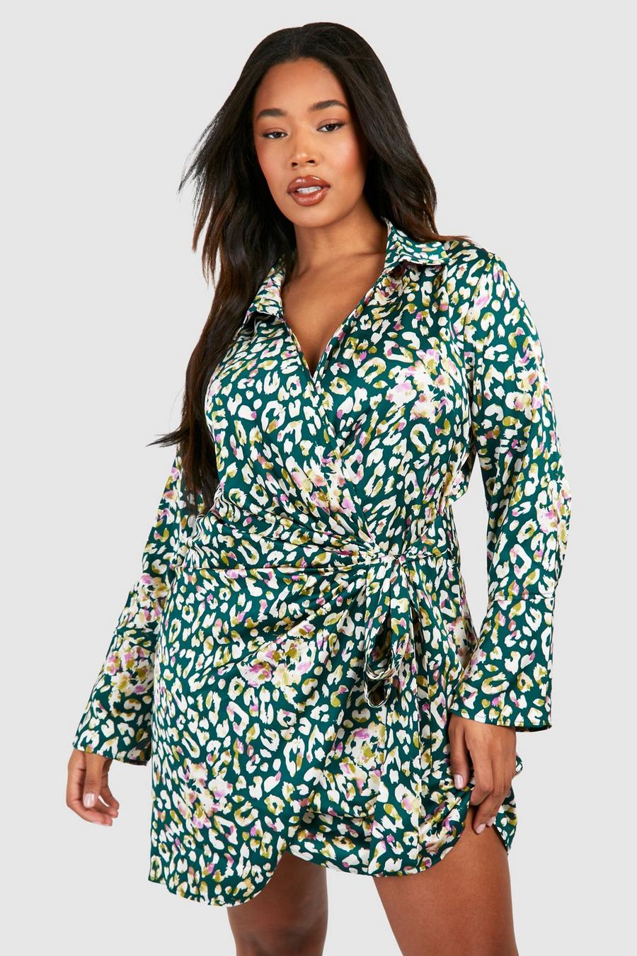 Plus Satin Leopard Print Drape Wrap Shirt Dress