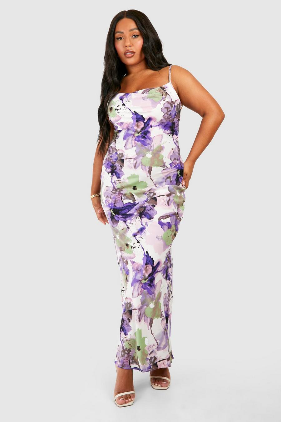 Vestido Plus maxi de raso con estampado de flores, Purple